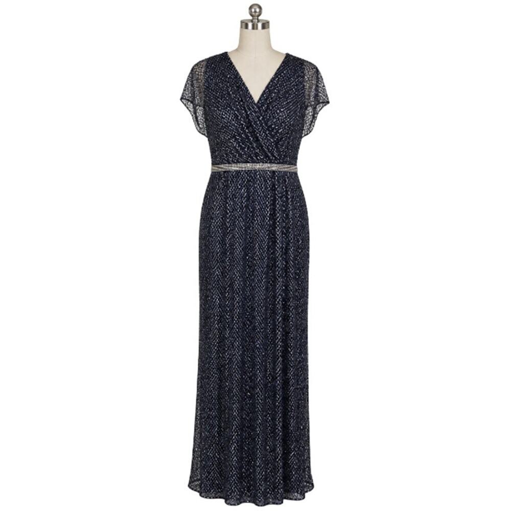 ✨ NWT Mac Duggal Beaded Column Gown – Midnight Blue Lattice Maxi Size 16